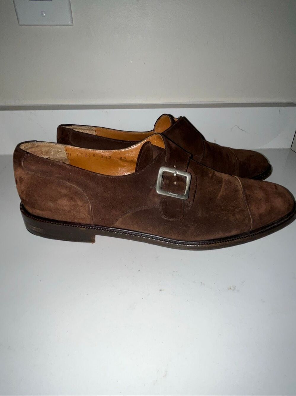 Salvatore Ferragamo Brown Suede Monk Strap Shoes Size 8.5